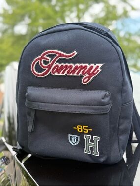 Tommy Hilfiger Blue Backpack with Maroon Script Patch